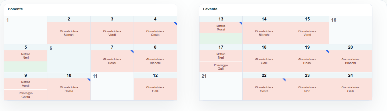 Griglia reale di Hoply con dati dimostrativi: due blocchi di dodici ombrelloni, posti liberi, giornate intere e prenotazioni distinte tra mattina e pomeriggio.